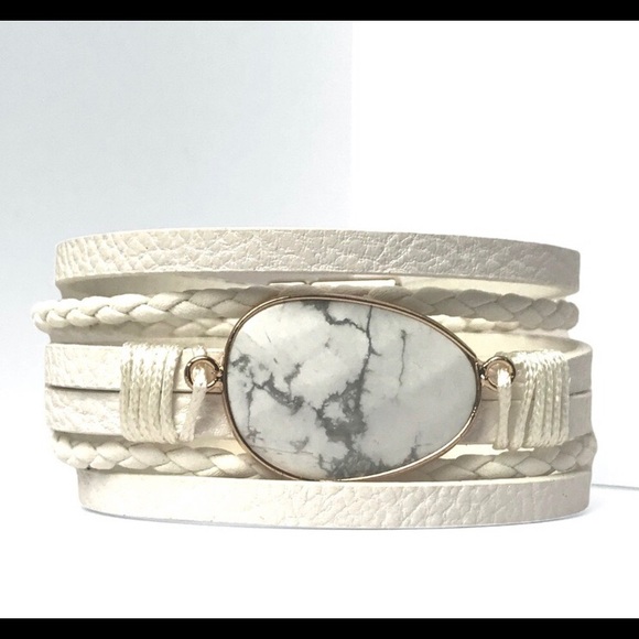 LLK Jewelry - LAST ONE: White stone faux vegan leather banded magnetic boho bracelet